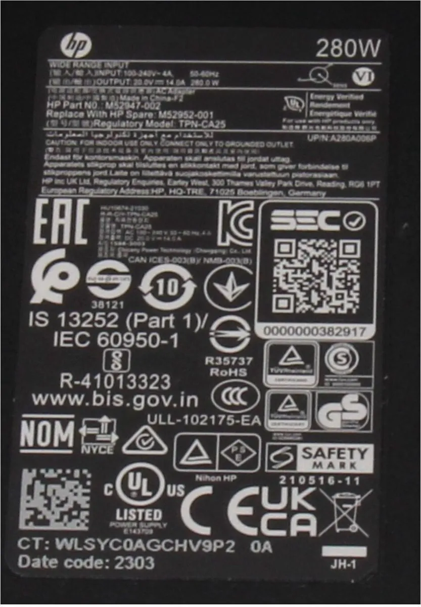 HP TPN-CA25 Laptopoplader 280W - Zwart