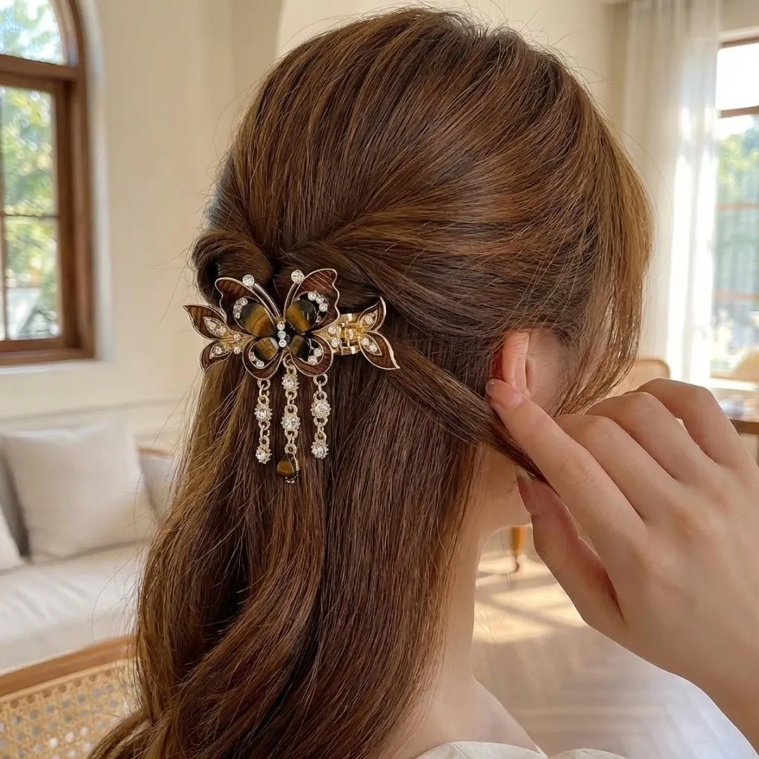 NuveX Vlinder Haarclip Bruin - Met Strass & Kettingen