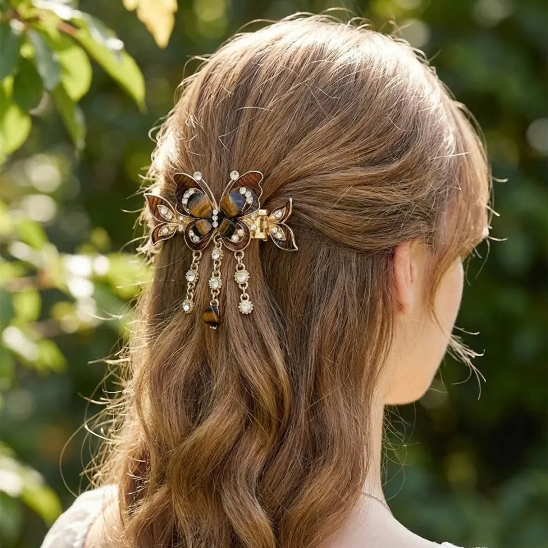 NuveX Vlinder Haarclip Bruin - Met Strass & Kettingen