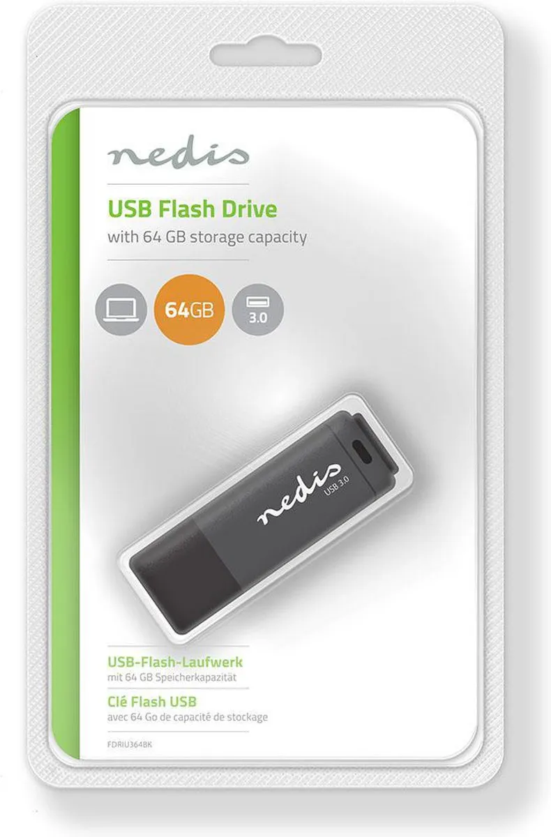 Nedis FDRIU364BK USB Flash Drive 64GB - Zwart