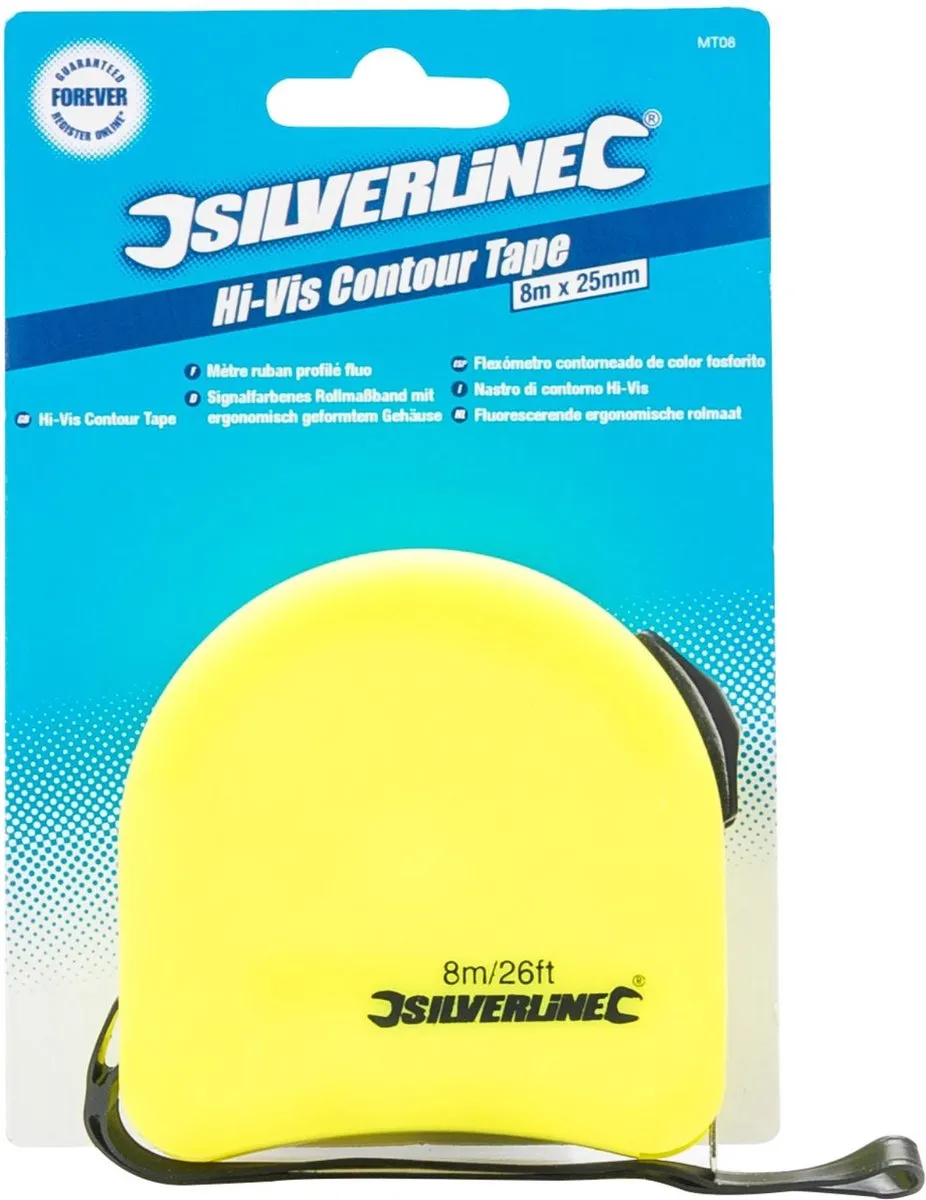 Silverline Ergonomische Rolmaat 8m x 25mm - met riemclip en polsband