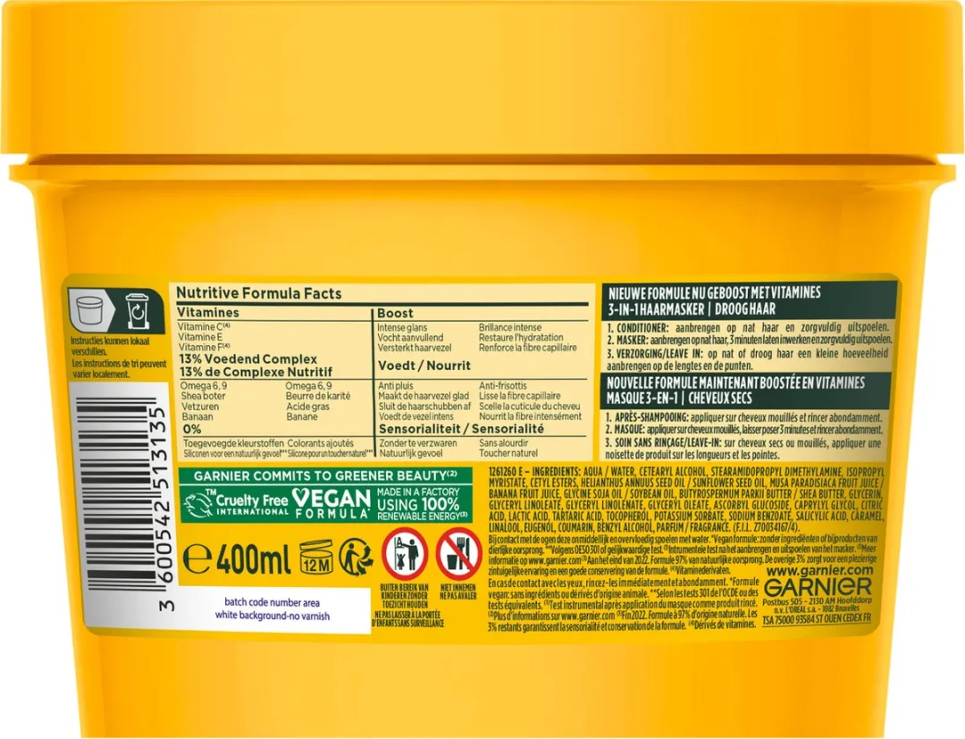 Garnier Fructis Hair Food Banana 3-in-1 Haarmasker 400ml - 2 Stuks