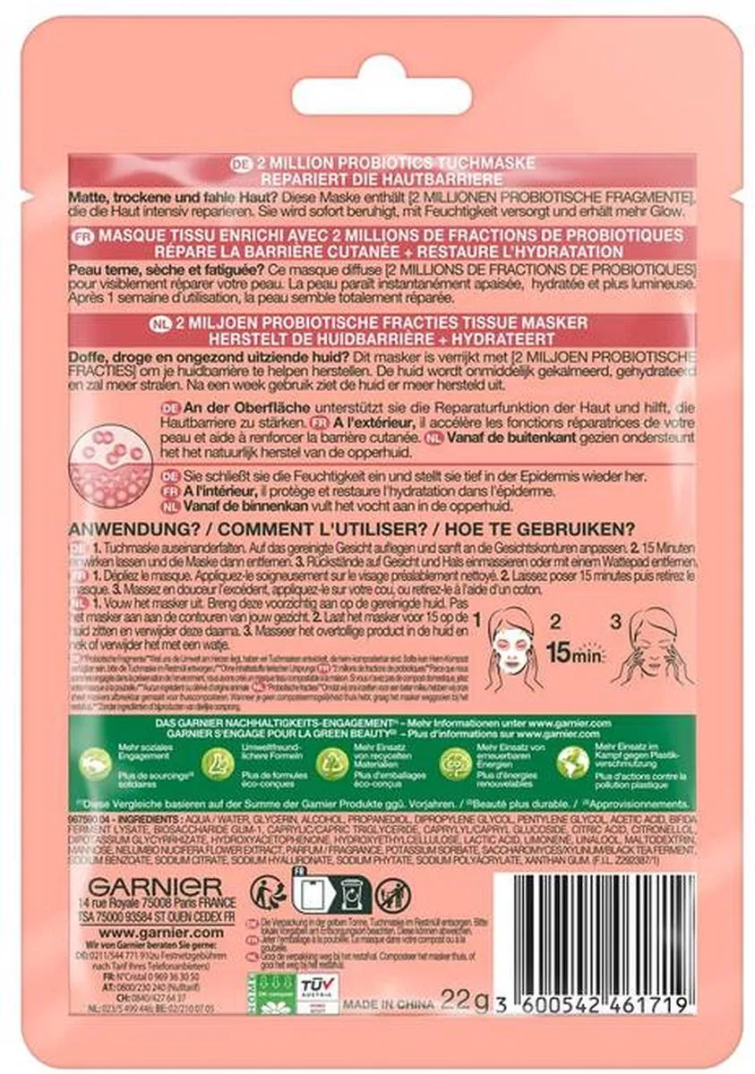 Garnier SkinActive Probiotisch Tissue Masker 28g