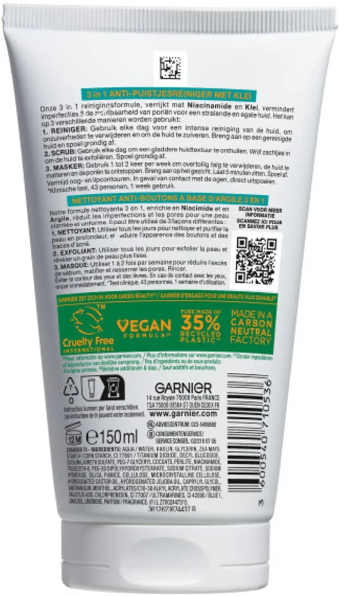Garnier Pure Active 3-in-1 Reiniging Scrub Masker 150ml - 25 Stuks