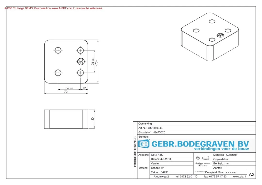 GB KS 34730 Drukplaat Zwart 30x70x70mm