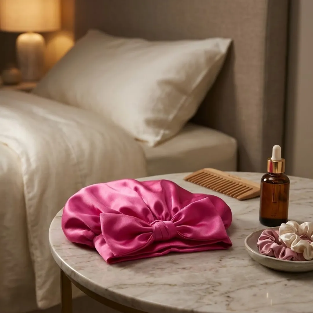 NuveX Satin Haarbonnet Felroze - Lang met strik