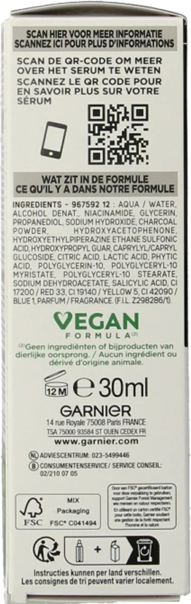 Garnier PureActive AHA+BHA Charcoal Serum 30ml