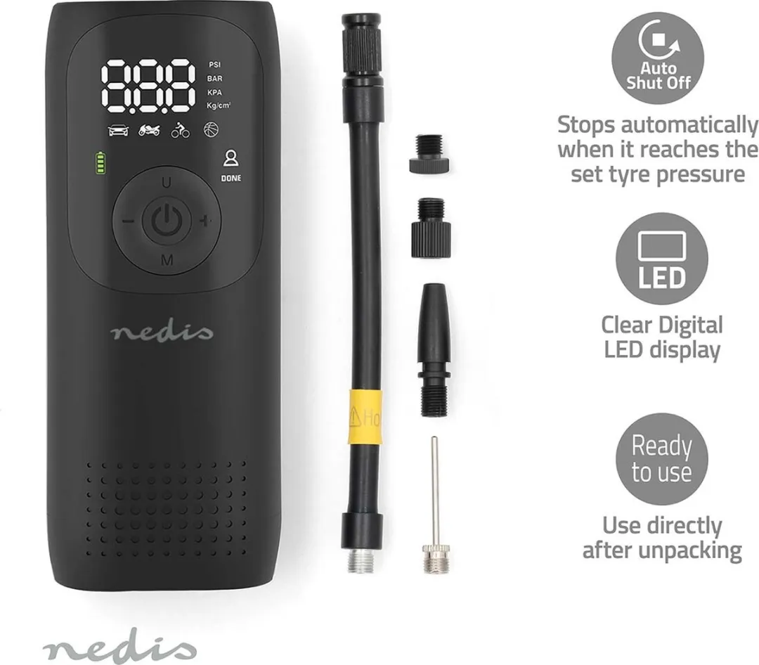 Nedis PAAC10BK Draagbare Luchtpomp - 12 l/min - 4000mAh - Zwart