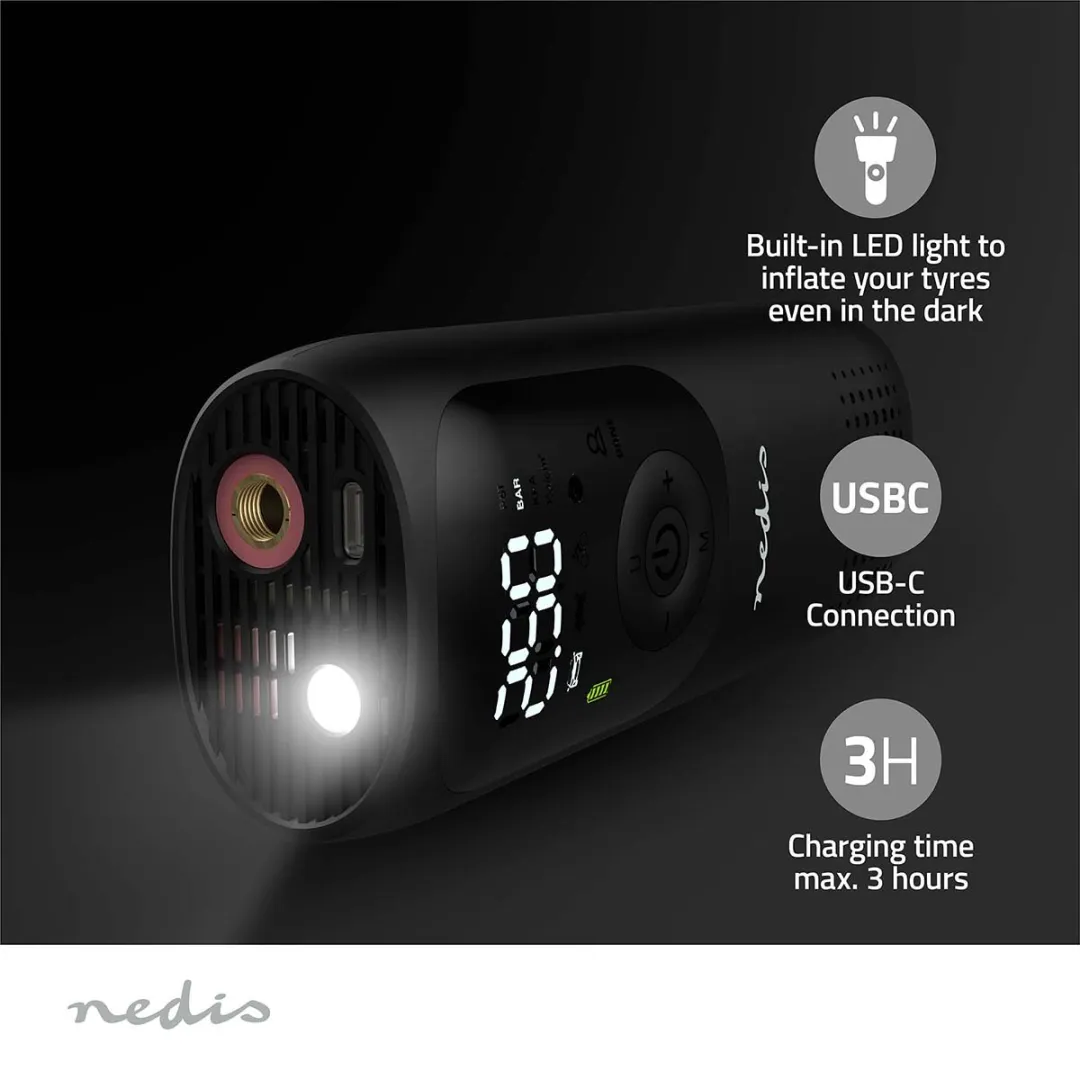 Nedis PAAC10BK Draagbare Luchtpomp - 12 l/min - 4000mAh - Zwart