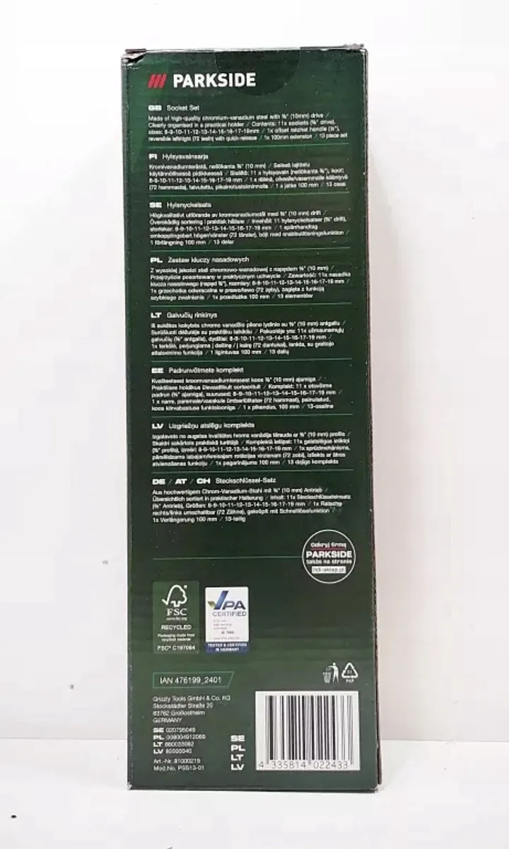 Parkside Doppenset 13-delig met ratel - 100mm verlengstuk - 8-19mm