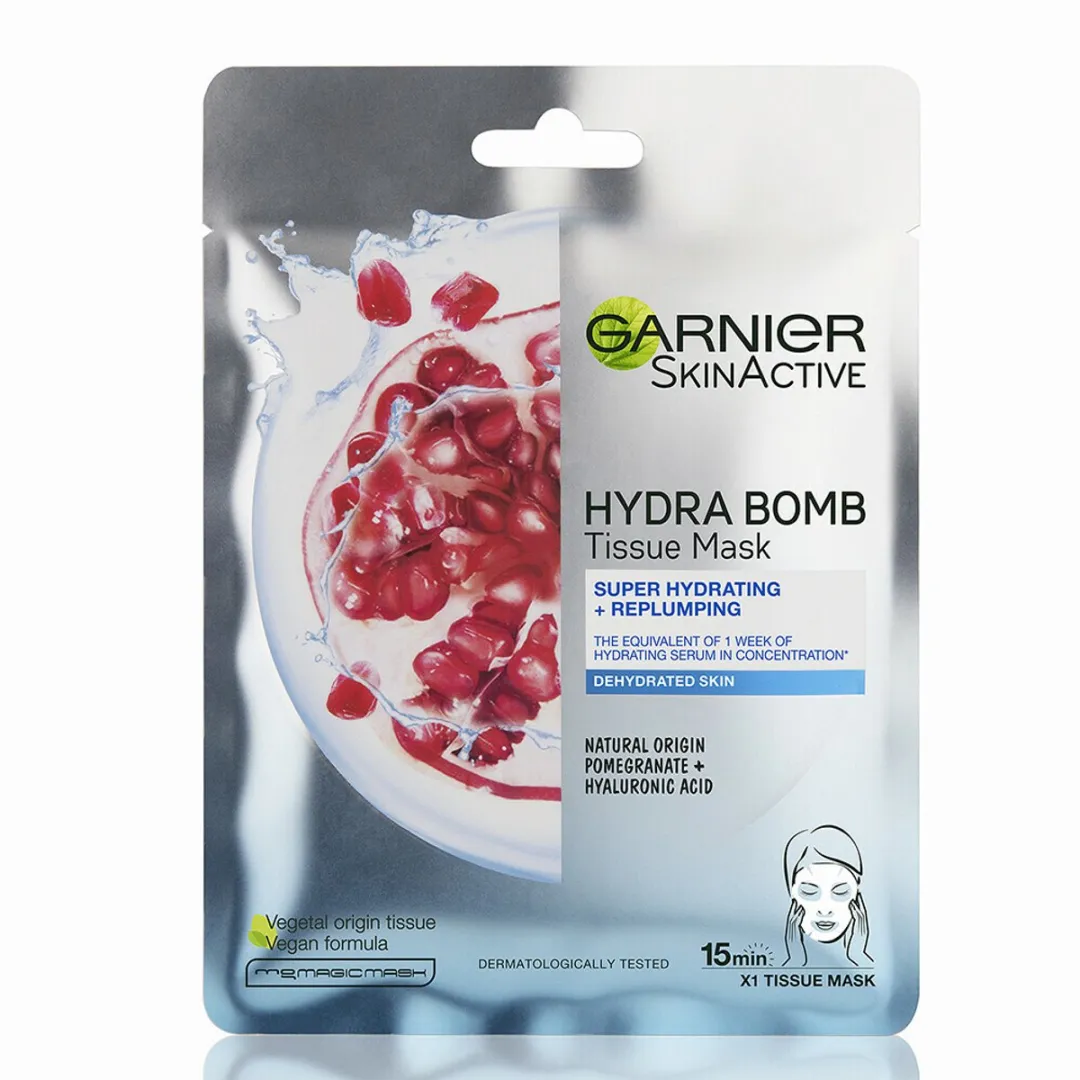 Garnier - SkinActive - Hydra Bomb Sheet Mask - Granaatappel - Gezichtsmasker - 1 Gezichtsreinigingsmiddel - Voordeelverpakking - 12 stuks