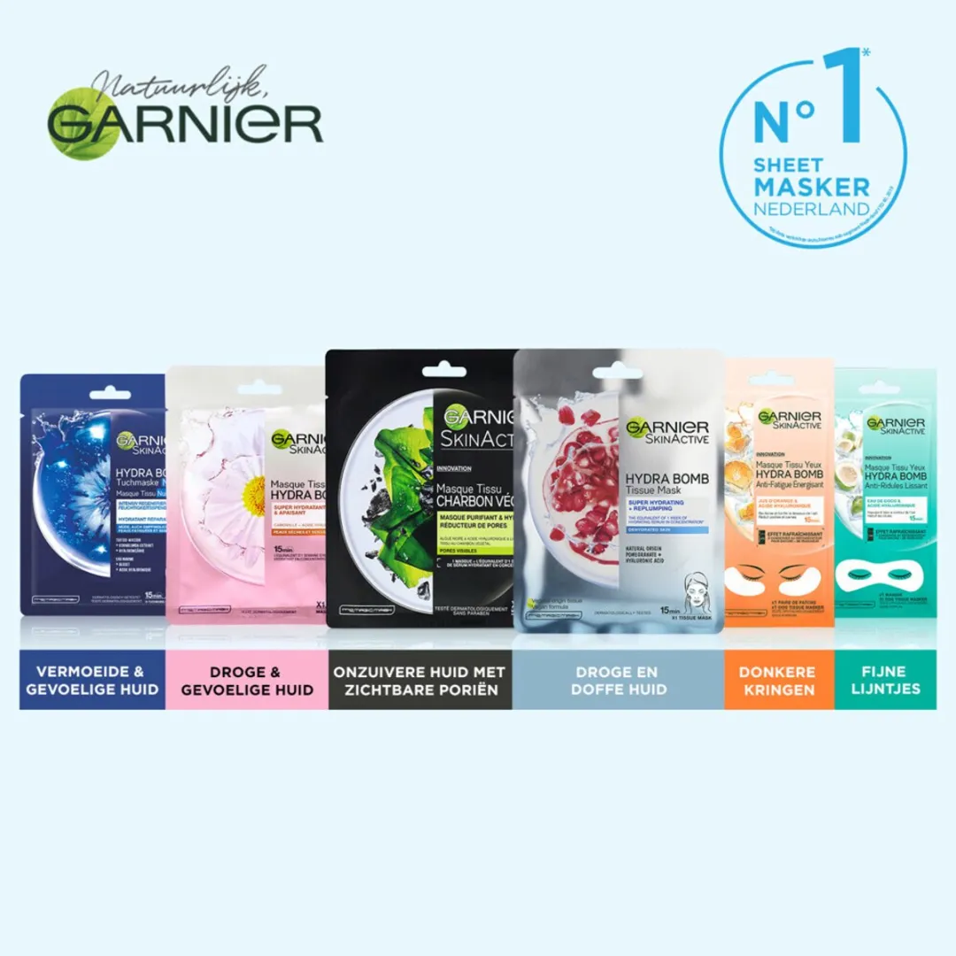 Garnier - SkinActive - Hydra Bomb Sheet Mask - Granaatappel - Gezichtsmasker - 1 Gezichtsreinigingsmiddel - Voordeelverpakking - 12 stuks