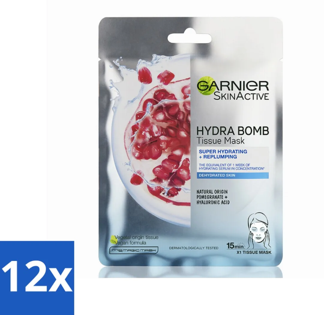 Garnier - SkinActive - Hydra Bomb Sheet Mask - Granaatappel - Gezichtsmasker - 1 Gezichtsreinigingsmiddel - Voordeelverpakking - 12 stuks