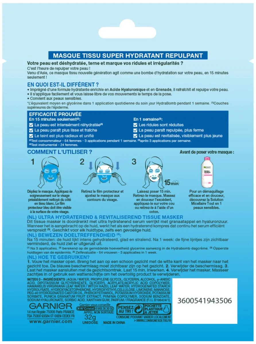 Garnier - SkinActive - Hydra Bomb Sheet Mask - Granaatappel - Gezichtsmasker - 1 Gezichtsreinigingsmiddel - Voordeelverpakking - 12 stuks