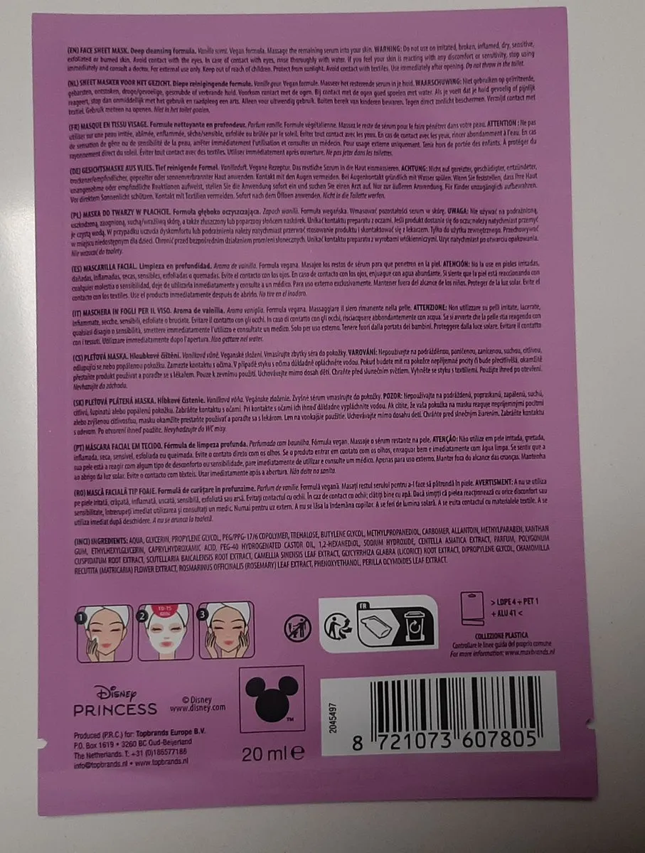Disney Princess Cinderella Gezichtsmasker - 20ml - Diepreinigend - Roze