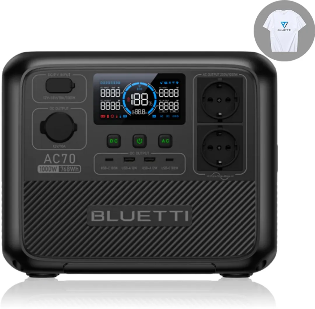 BLUETTI AC70 768Wh 1000W Portable Powerstation-Zonnegenerator-back-up voor Off-grid, Stroomuitval, Camping, Camper