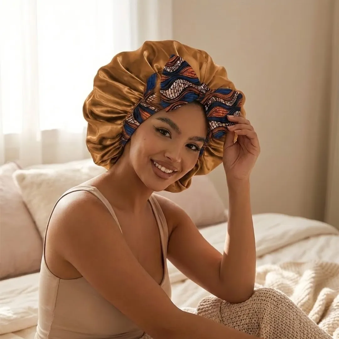 NuveX Goudbruine Satin Haarbonnet - Multicolor Strik