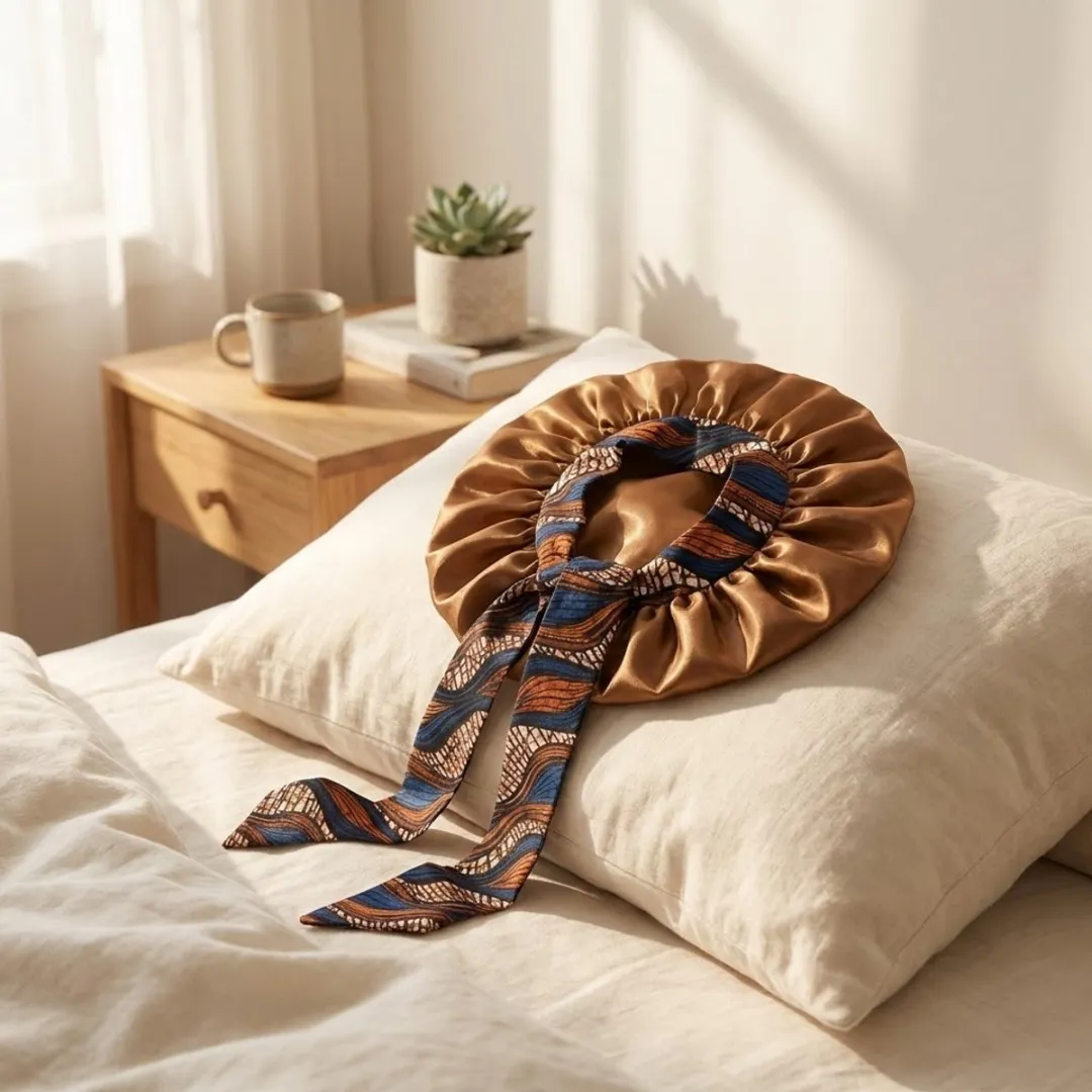 NuveX Goudbruine Satin Haarbonnet - Multicolor Strik