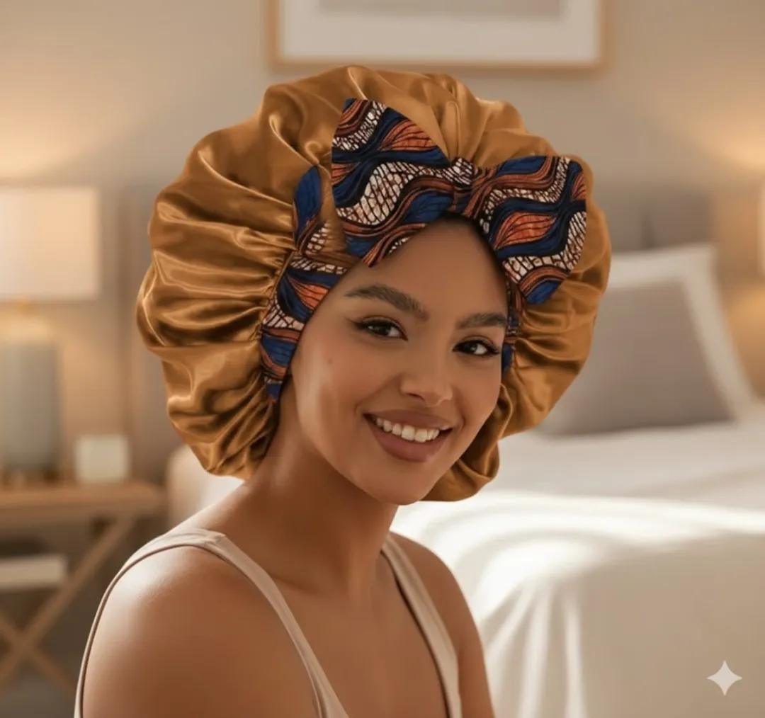 NuveX Goudbruine Satin Haarbonnet - Multicolor Strik