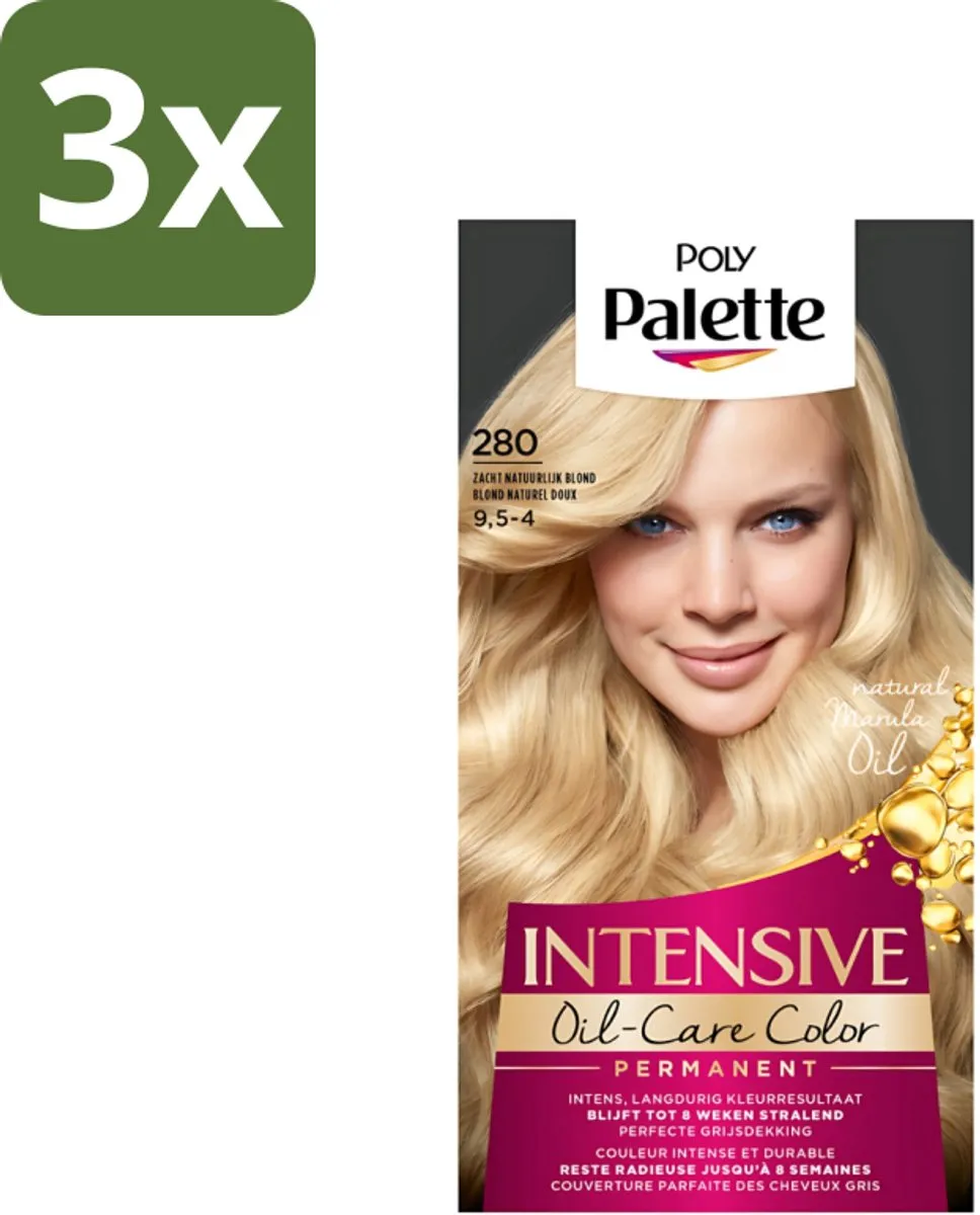 3 x Poly Palette - Haarverf - Zacht Natuurlijk Blond 280 - 115ml - Haarverf - Natuurlijke Blonde Kleur - Crèmekleuring - Glans - Haarverf Voor Blond Haar