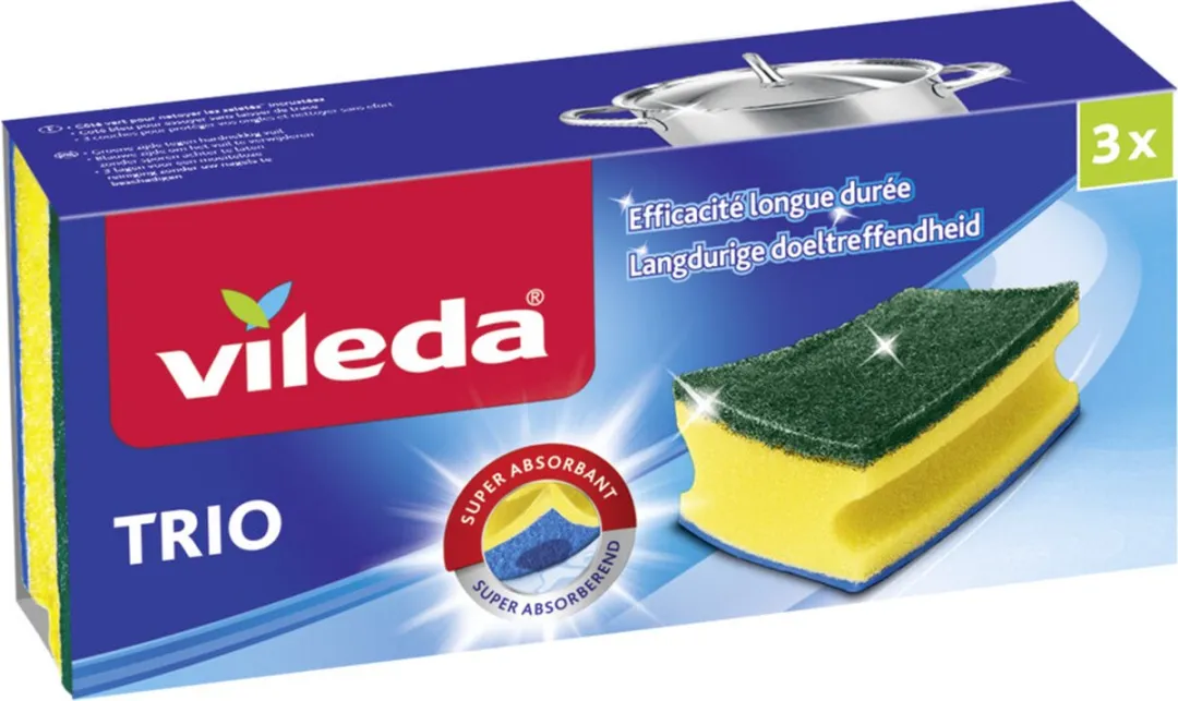Vileda Trio Schuurspons - 3 Stuks - Geel/ Groen - afbeelding 2 van 6