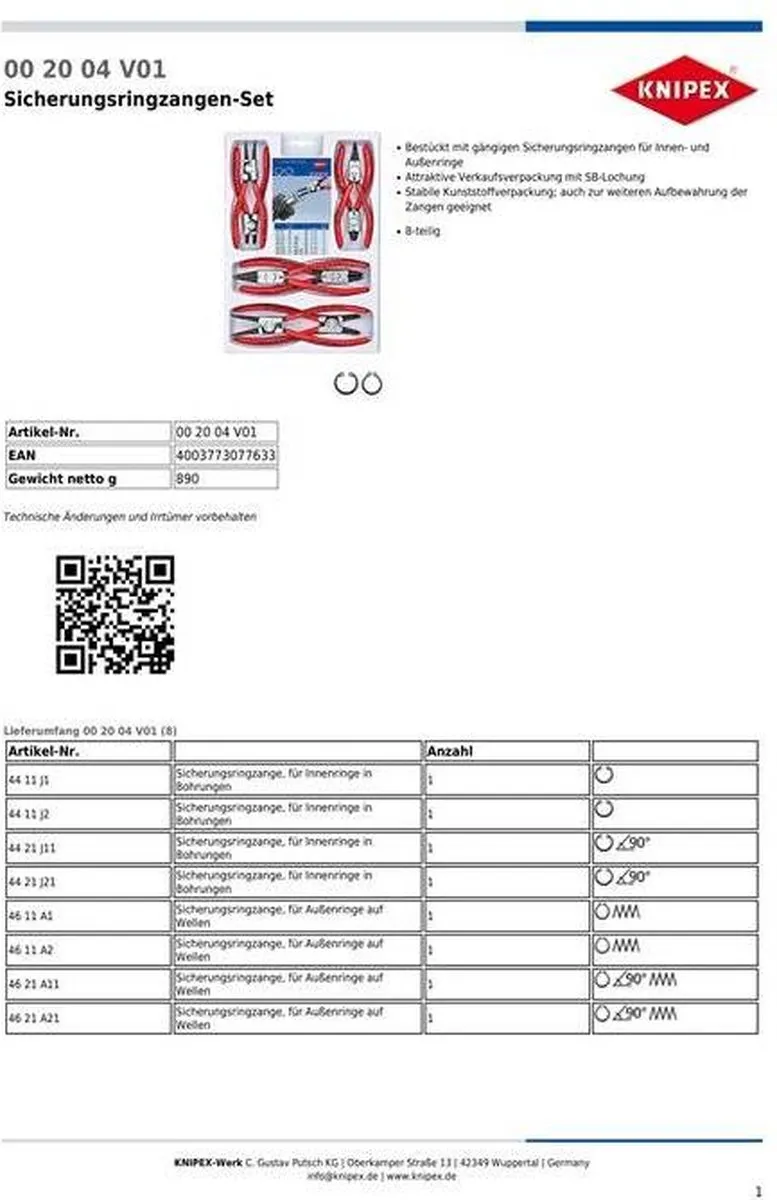 Knipex 002004V01 Borgveertangenset 8-delig - 12-25mm