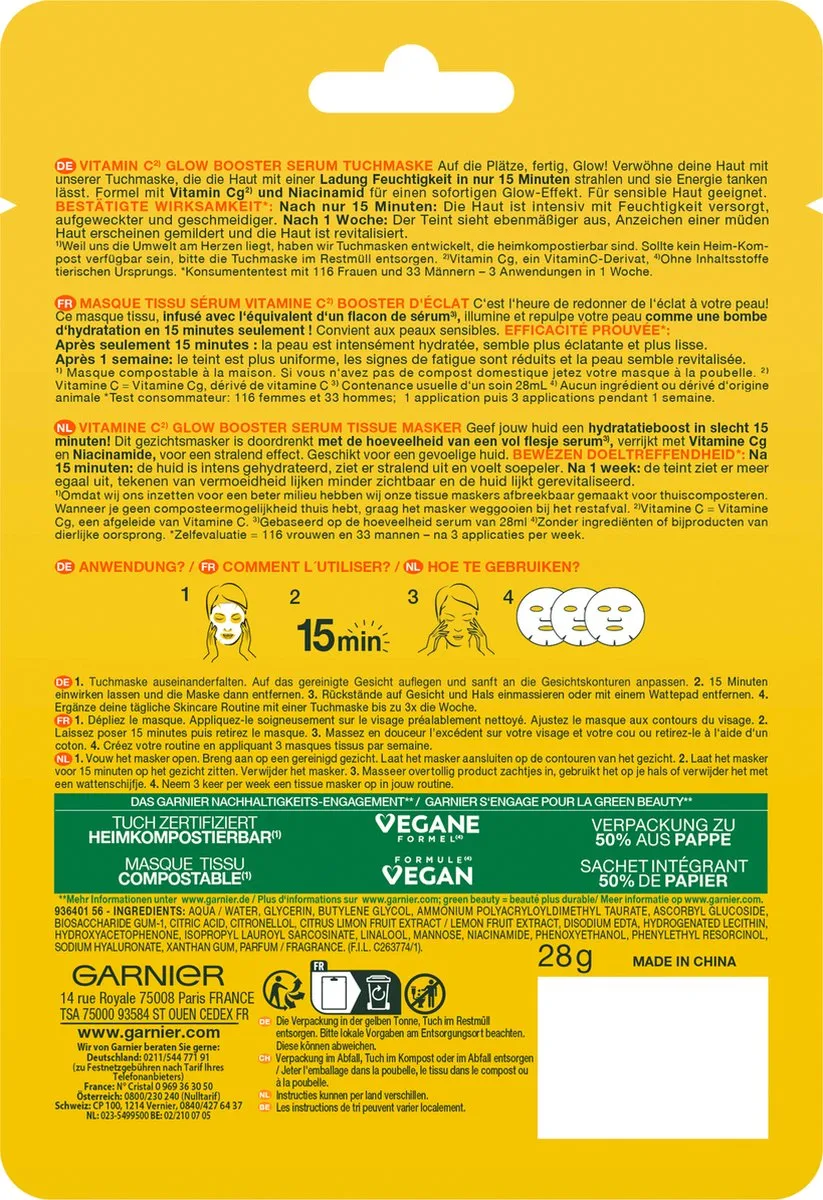 Garnier SkinActive Vitamine C Masker 28ml - Geel - afbeelding 6 van 6