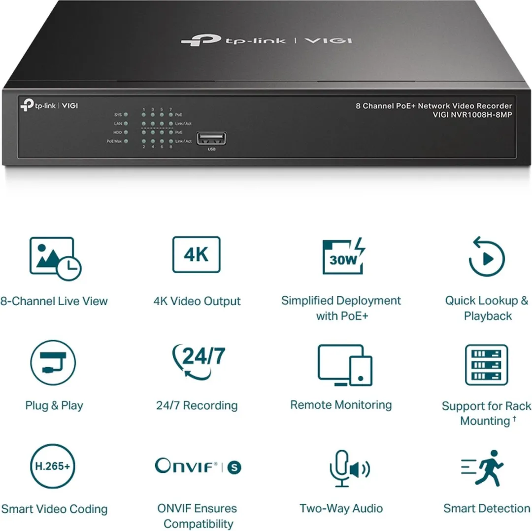 TP-Link VIGI NVR1008H-8MP NVR - 8 Kanalen - Zwart