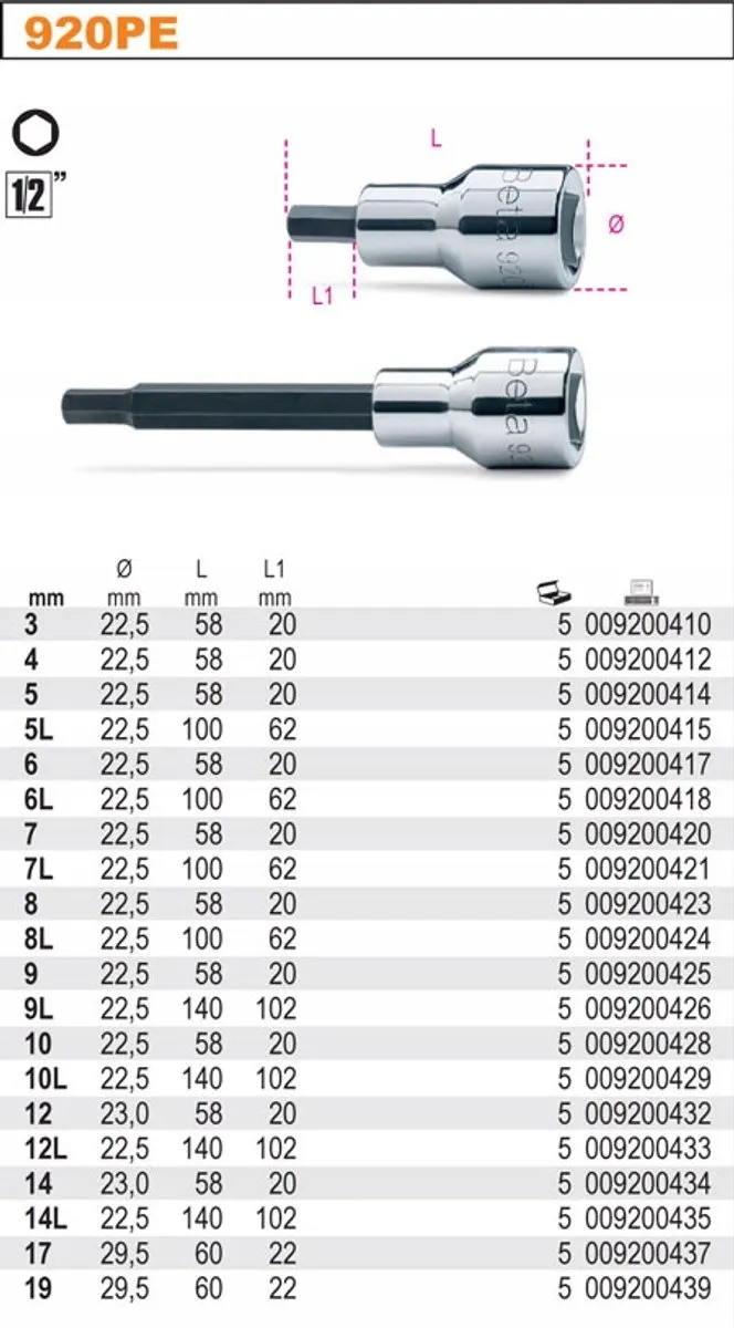 Beta Dopslagsleutel 1/2" 4mm Zeskant 920PE/4