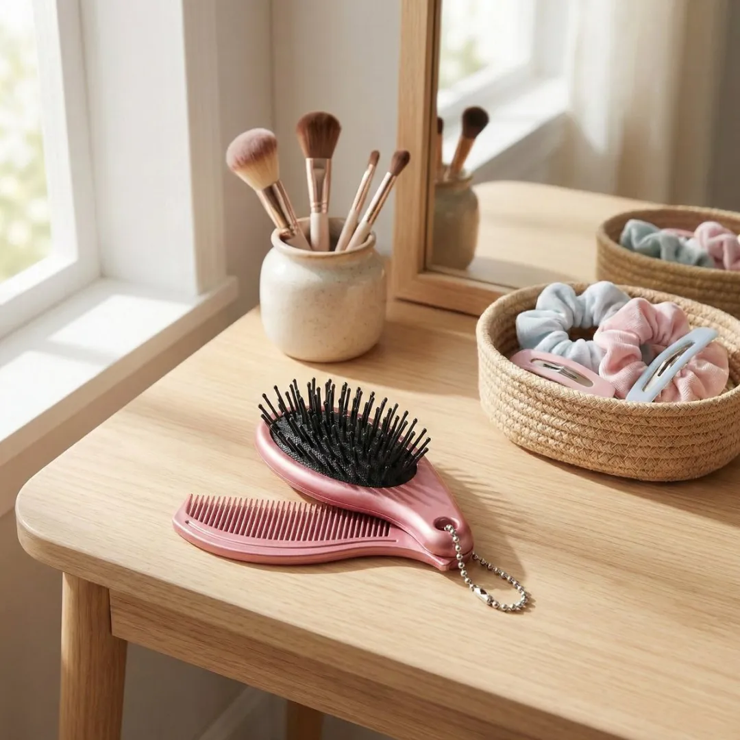 NUVEX Opvouwbare Reisborstel met Kam - Rosé Metallic