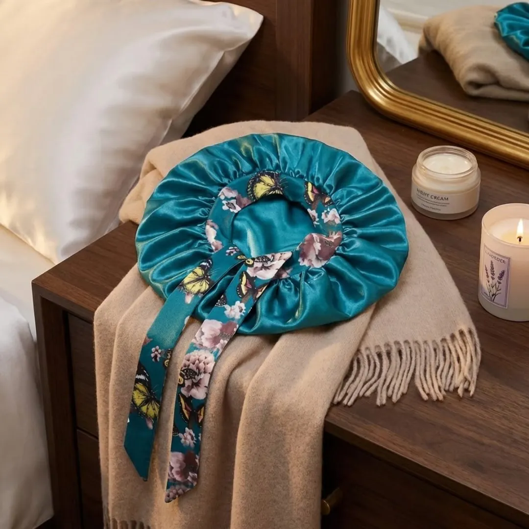 NuveX Turquoise Satin Haarbonnet - Bloemenprint - Beschermend