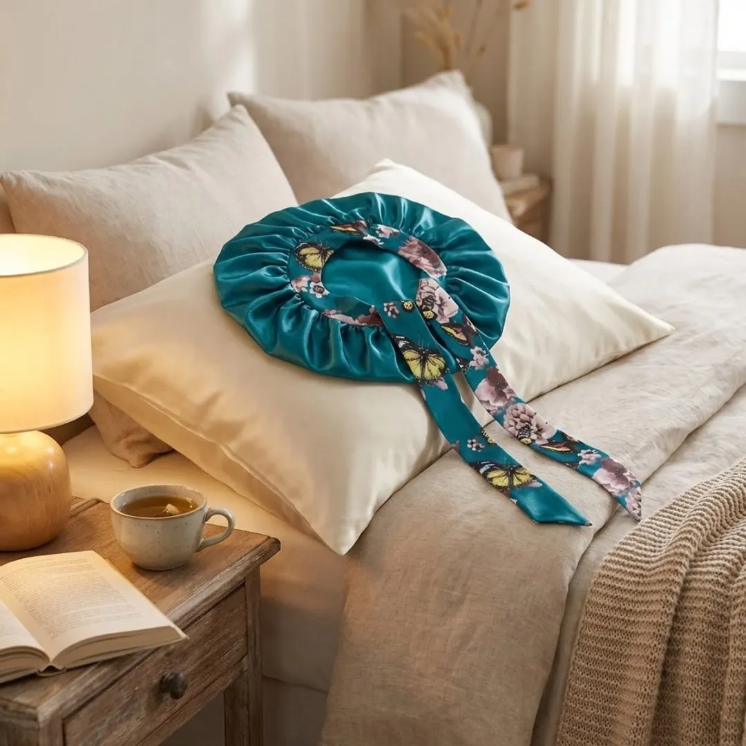 NuveX Turquoise Satin Haarbonnet - Bloemenprint - Beschermend