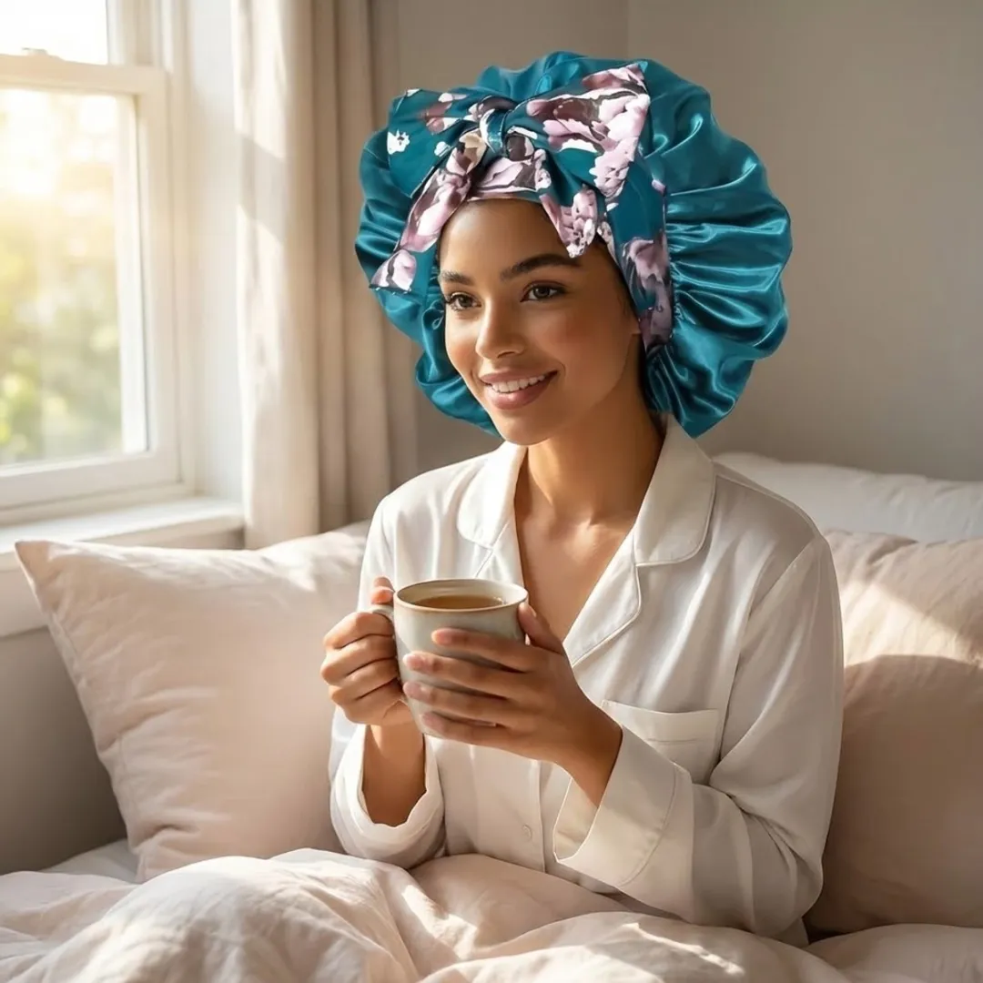 NuveX Turquoise Satin Haarbonnet - Bloemenprint - Beschermend