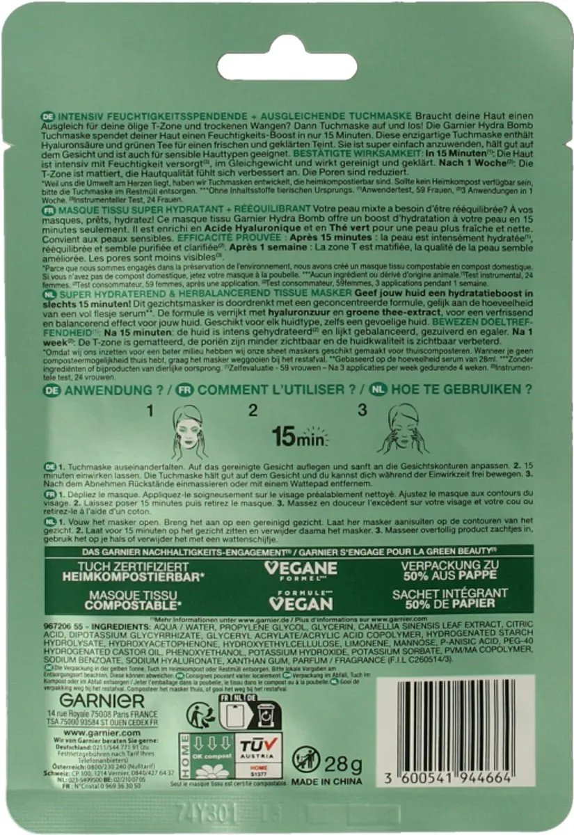 Garnier SkinActive Hydra Bomb Gezichtsmasker Groene Thee 15ml