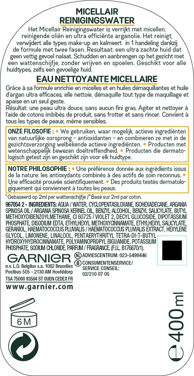 Garnier Face SkinActive Micellair Reinigingswater Waterproof - 2400ml (6x400ml)