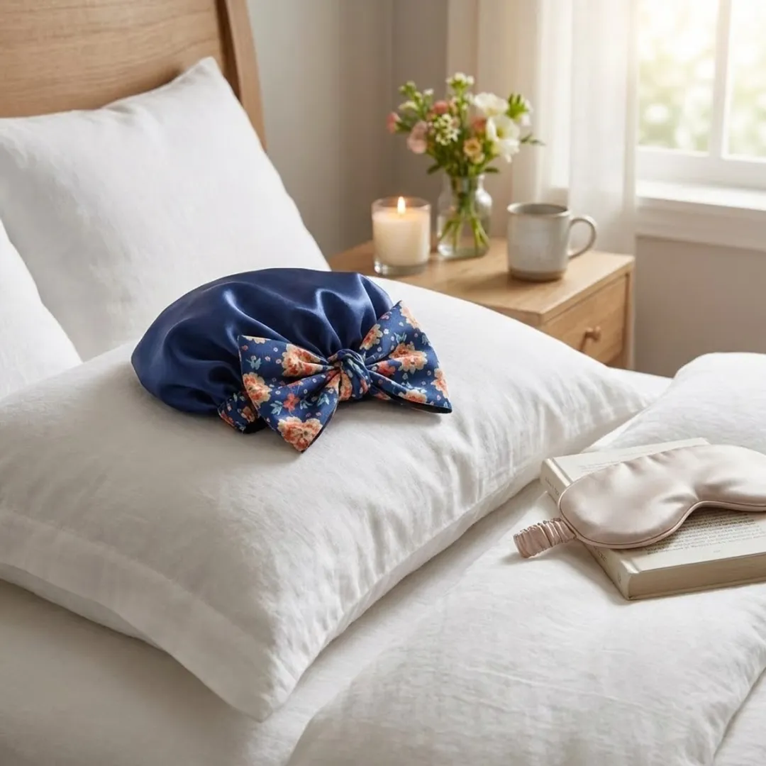 NuveX Donkerblauwe Satin Haarbonnet met Bloemenprint