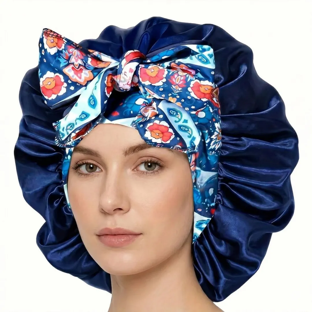 NuveX Donkerblauwe Satin Haarbonnet met Bloemenprint