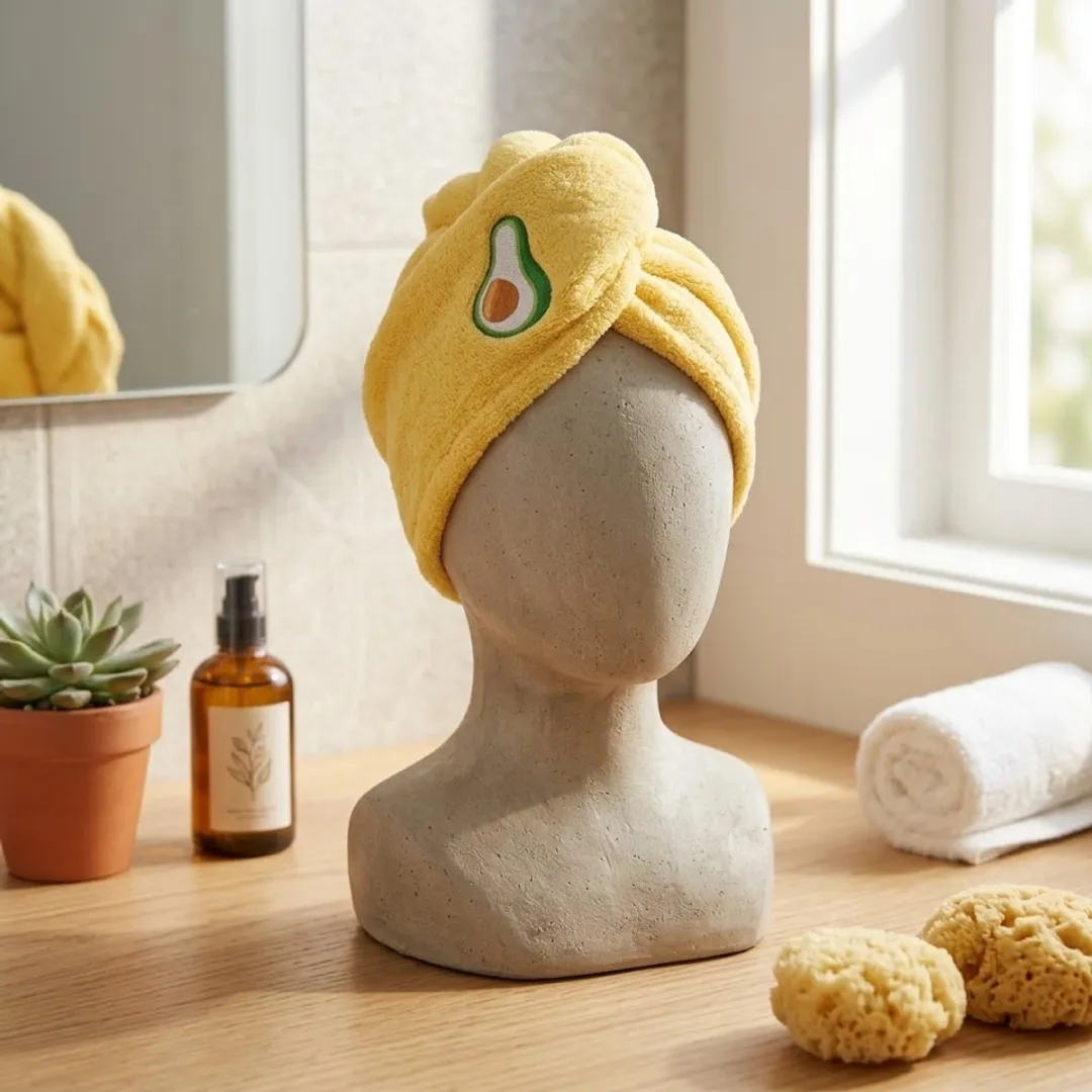 NuveX Gele Microvezel Haarhanddoek met Avocado - Knopsluiting