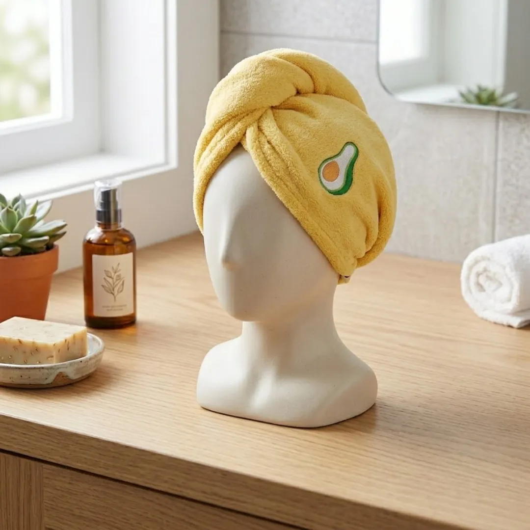 NuveX Gele Microvezel Haarhanddoek met Avocado - Knopsluiting