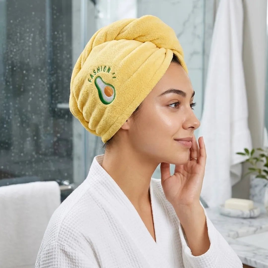NuveX Gele Microvezel Haarhanddoek met Avocado - Knopsluiting