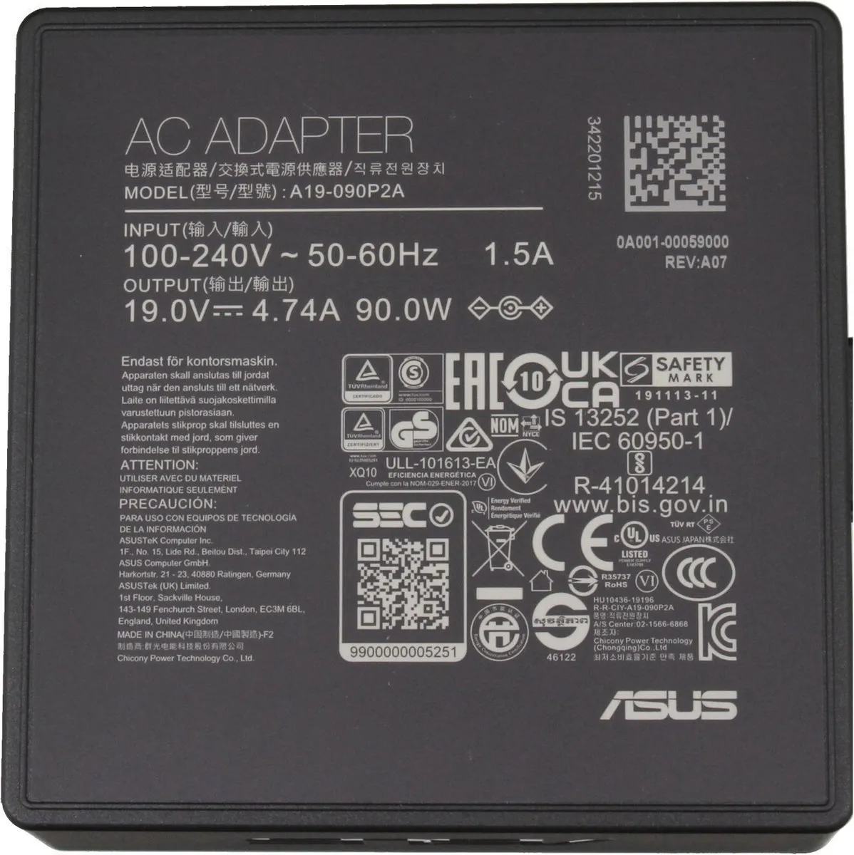 ASUS 0A001-00050800 Oplader 90W - Zwart