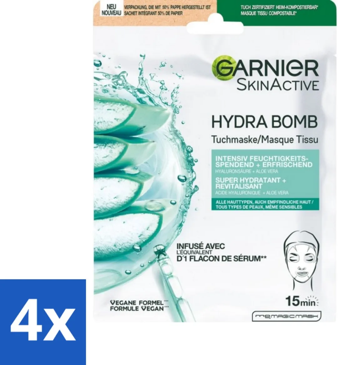 Garnier SkinActive Hydrabomb Tissue Masker Hyaluronzuur - 4 Stuks