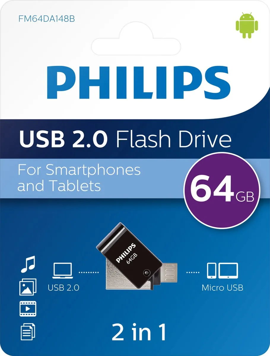 Philips 2-in-1 USB Stick FM64DA148B 64GB - Zwart