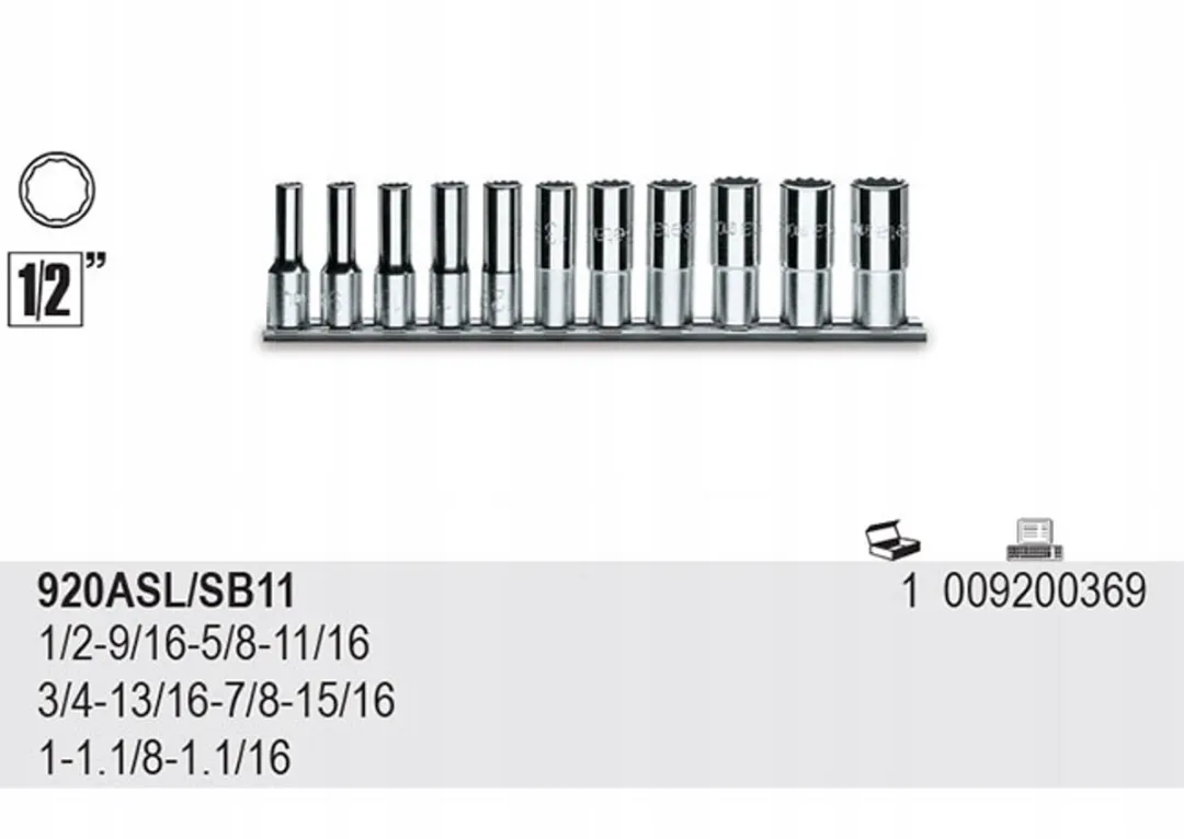 Beta 11-delige 1/2" 12-kant Doppenkit op Rail