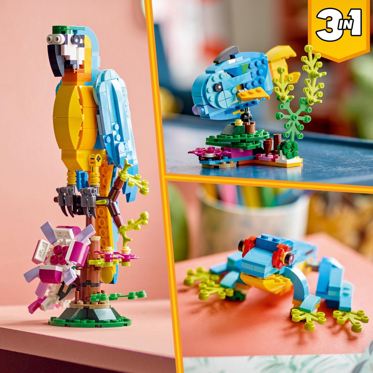 LEGO Creator 3in1 Exotische Papegaai - Kikker - Vis Dieren Speelgoed Set voor Kinderen - 31136