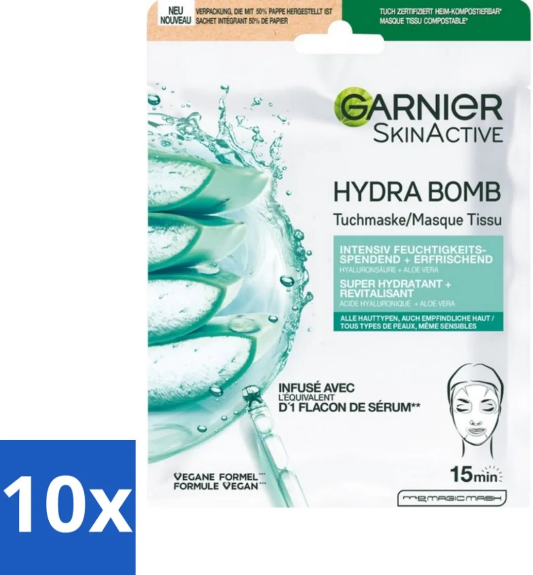 Garnier SkinActive Hydrabomb Hyaluron Gezichtsmaskers - 10 Stuks