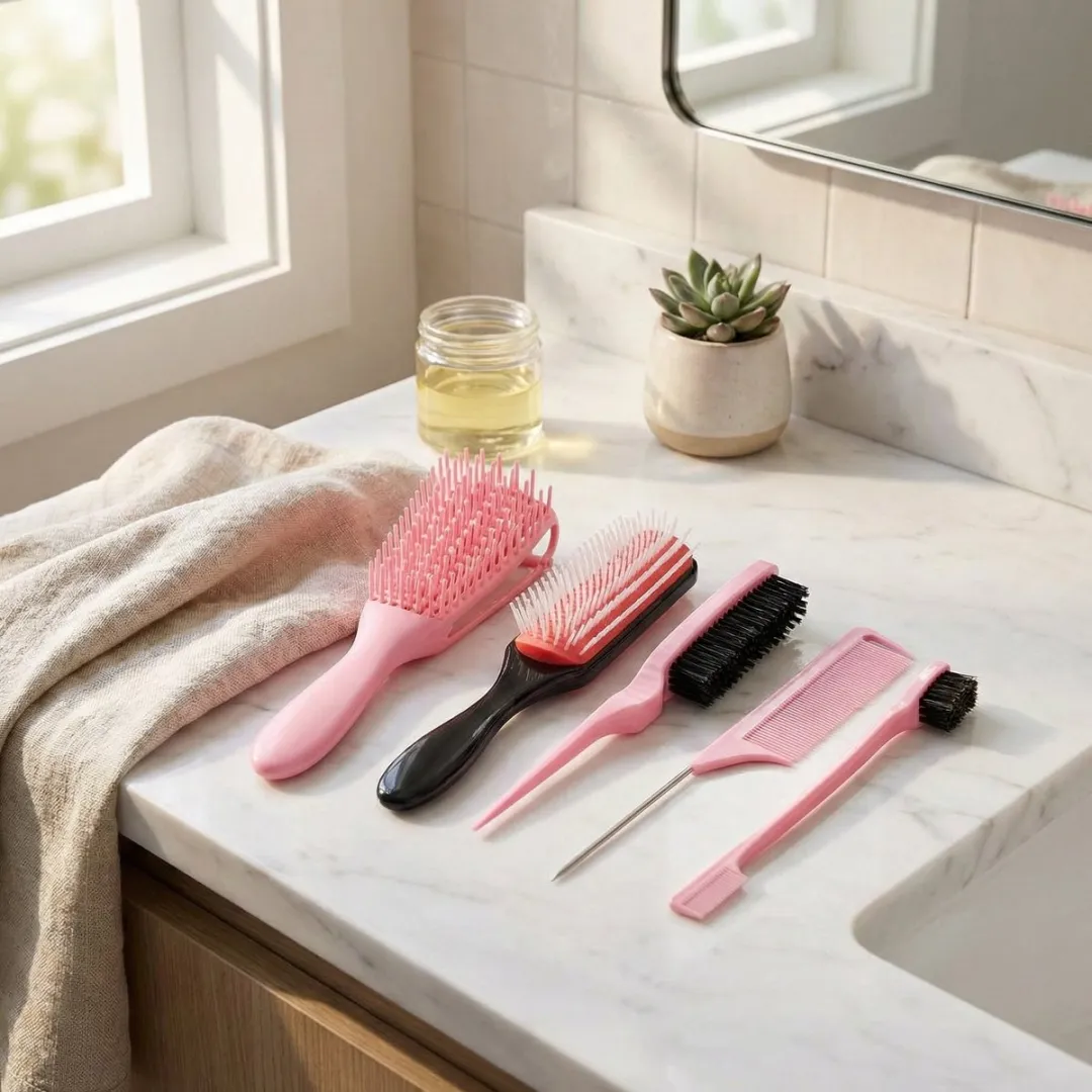NUVEX Roze Haarstyling Set 5-delig - Kunststof Borstel & Puntkam