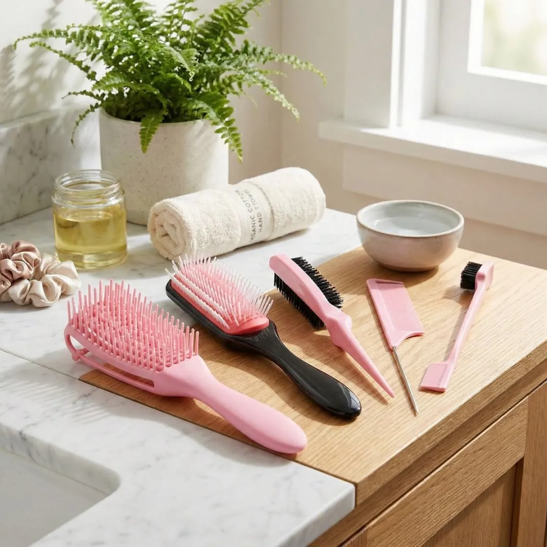NUVEX Roze Haarstyling Set 5-delig - Kunststof Borstel & Puntkam
