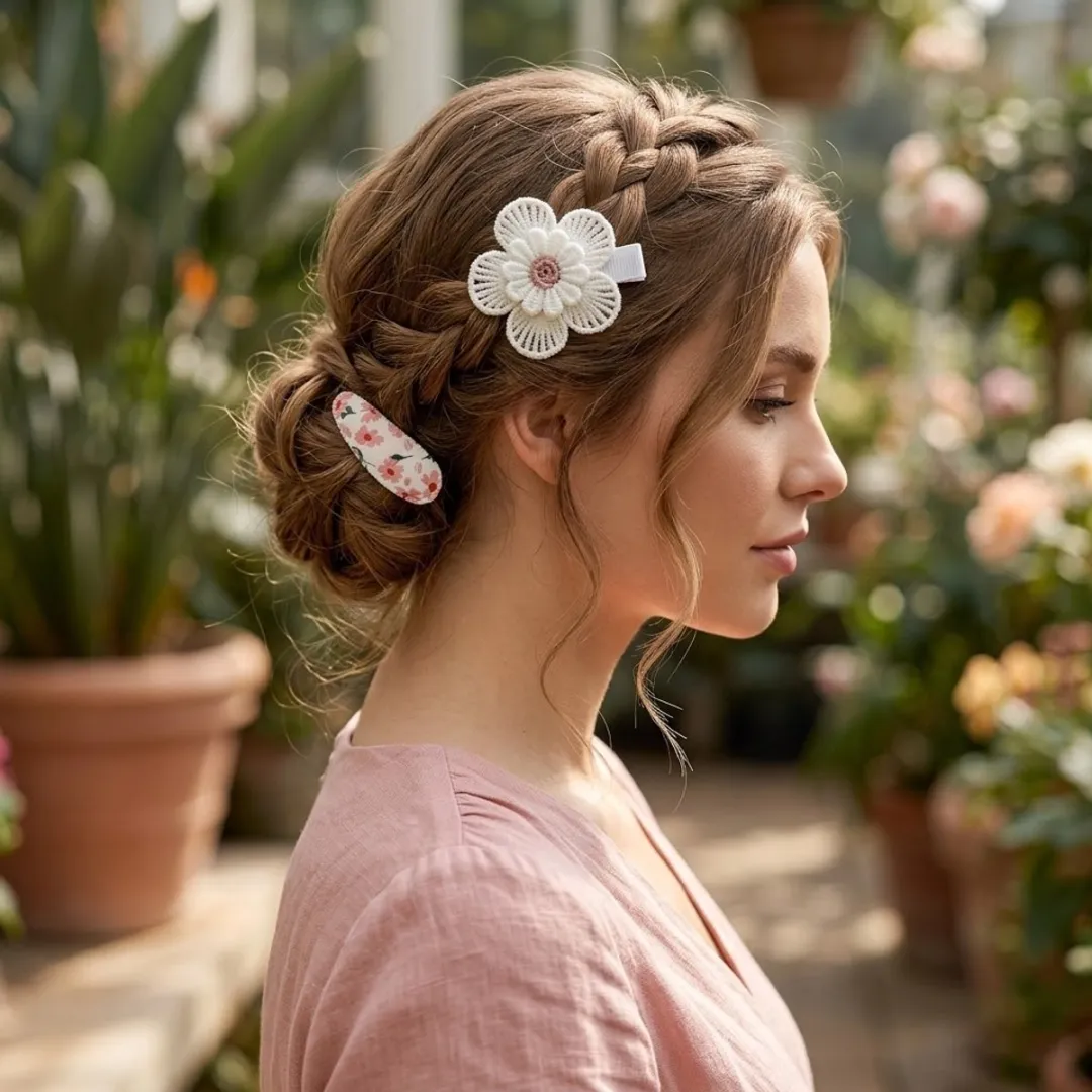 NuveX Roze Haarspeldjes - 5 Stuks - Met Geborduurde Bloemen