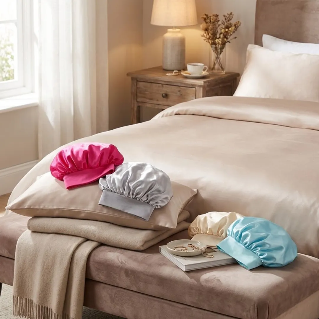 NuveX Satin Haar Bonnets Set 4 Stuks - Roze/Beige/Zilverkleurig/Lichtblauw